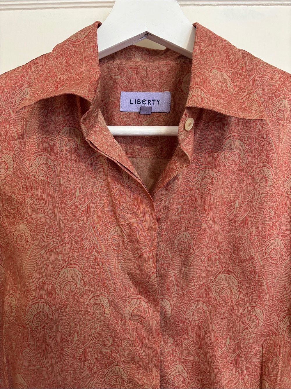 Liberty red and beige peacock feather pattern shirt